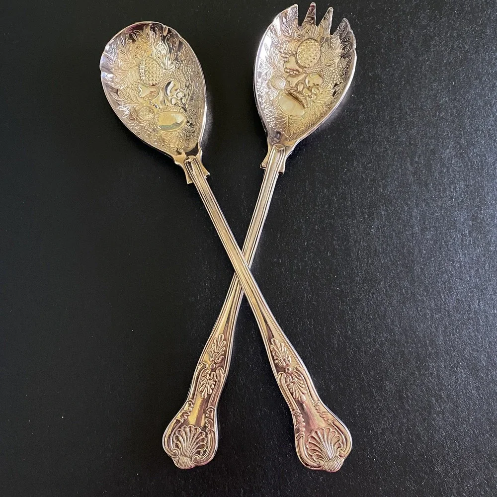 Silver Plated Salad Servers Embossed Fruit Kings Pattern Made in England 9.75in